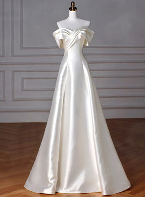 Ivory Satin Off the Shoulder Pleats Wedding Dress
