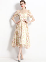 Bubble Sleeve Floral Chiffon Dress