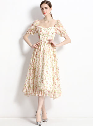 Bubble Sleeve Floral Chiffon Dress