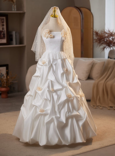 White Satin Lace Strapless Flower Wedding Dress