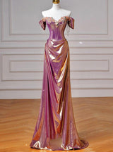 Pink Purple Off the Shoulder Beading Flower Prom Dress