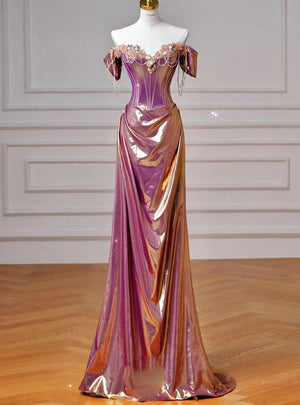 Pink Purple Off the Shoulder Beading Flower Prom Dress