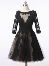 Black Tulle Lace Short Sleeve Homecoming Dress