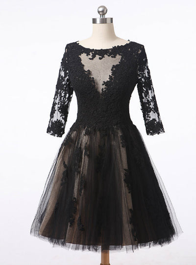 Black Tulle Lace Short Sleeve Homecoming Dress
