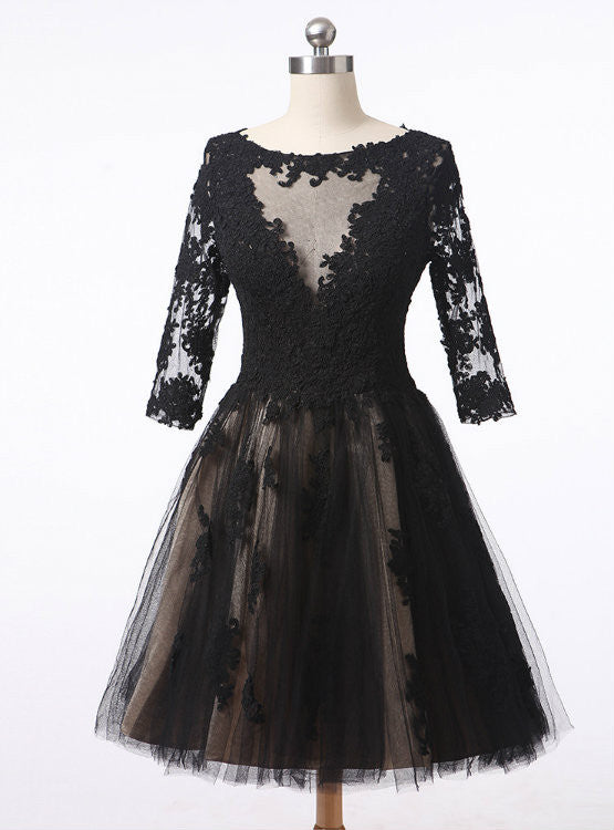 Black Tulle Lace Short Sleeve Homecoming Dress