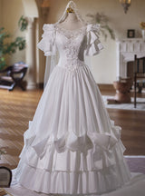 White Satin Tiers Appliques Beading Wedding Dress