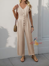 Casual V-neck Elastic High Waist Wide Leg Jumpsuit