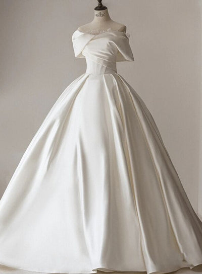 White Satin Off the Shoulder Pleats Wedding Dress