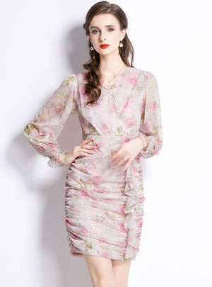 V-neck Ruffled Long-sleeved Floral Chiffon Dress