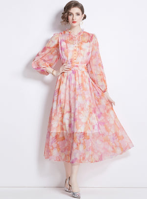 Long Sleeve Round Neck Slim Printed Chiffon Dress