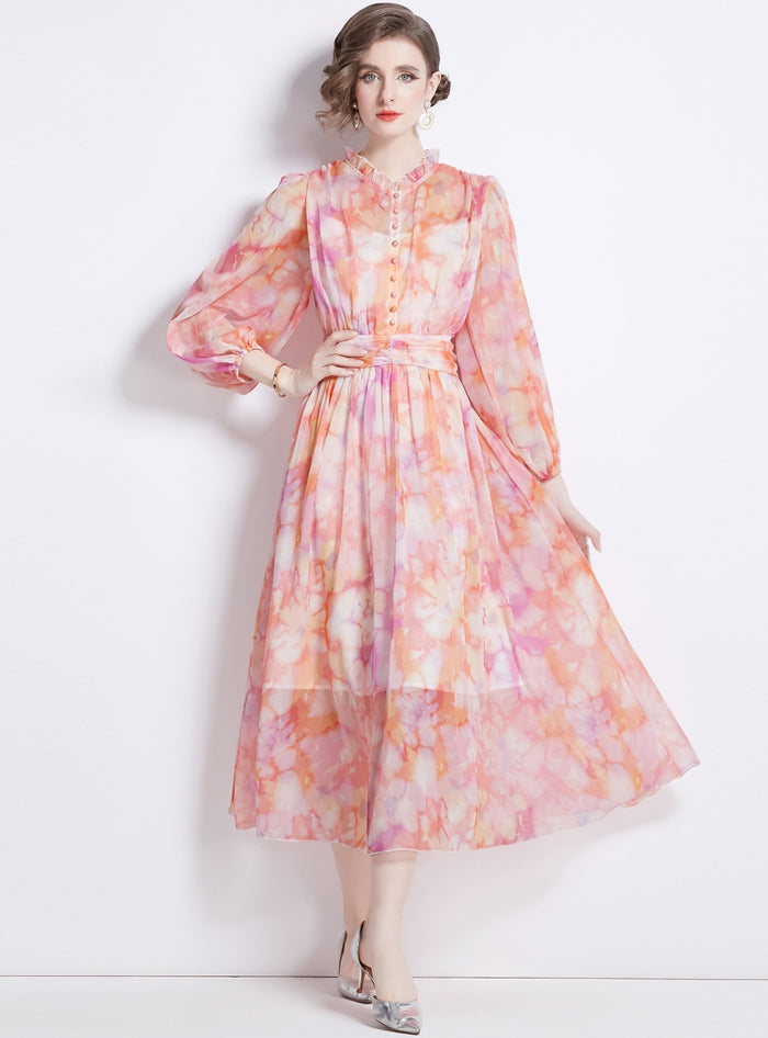 Long Sleeve Round Neck Slim Printed Chiffon Dress
