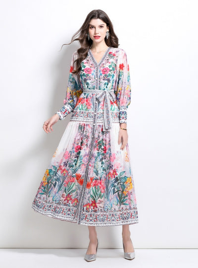 V-neck Lantern Sleeve Button Printed Dress