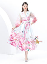 Palace Style Printed V-neck Long-sleeved Dress