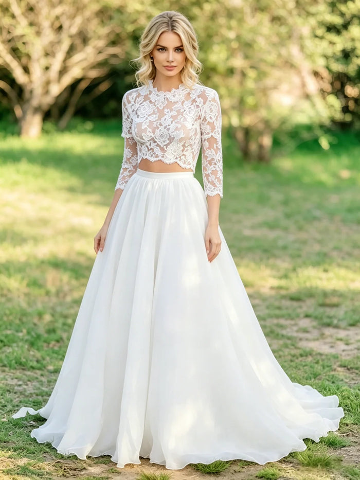 White Lace Long Sleeve Wedding Dress