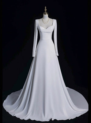 White Square Neck Long Sleeve Wedding Dress