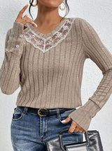 Spliced Solid Color Long Sleeve V-neck Top