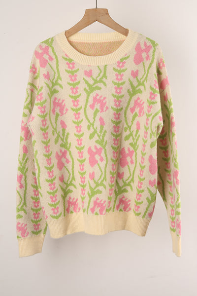 Jacquard Branch Round Neck Flower Sweater