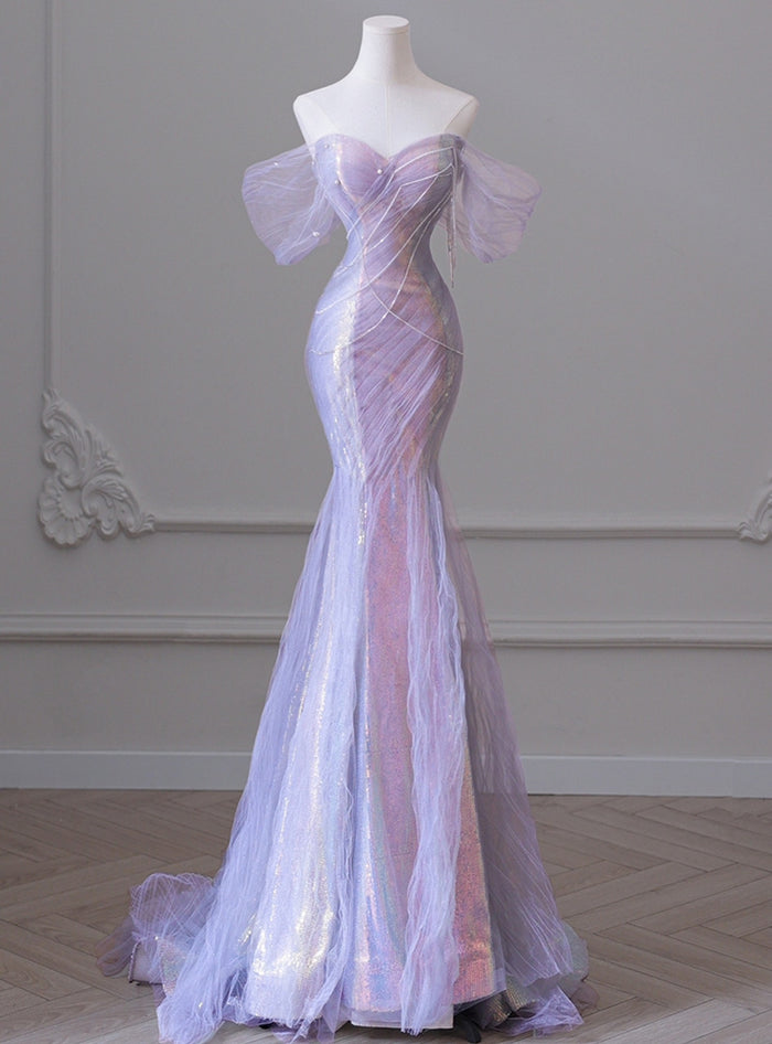 Purple Mermaid Sequins Pleats Prom Dress