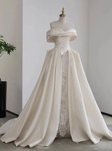 Ivory White Satin Lace Beading Wedding Dress