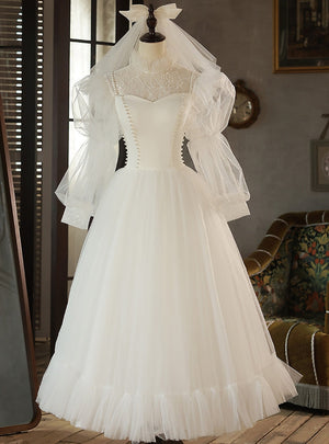 White Tulle Lace Long Sleeve Pearls Wedding Dress