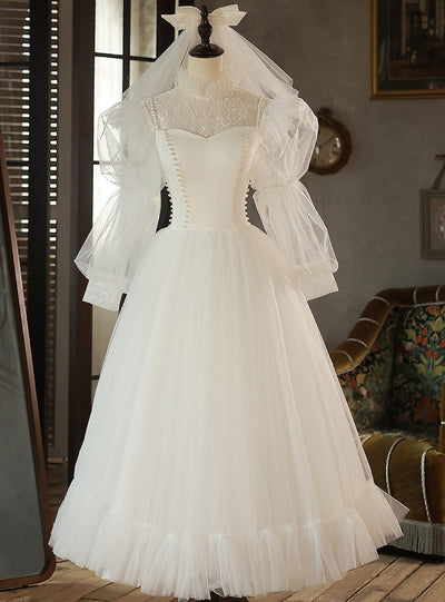 White Tulle Lace Long Sleeve Pearls Wedding Dress