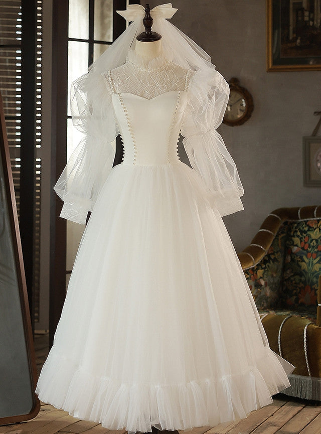 White Tulle Lace Long Sleeve Pearls Wedding Dress