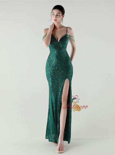 Mermaid Sequins Spaghetti Straps Beading Prom Dress