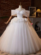 White Tulle Off the Shoulder 3D Flower Wedding Dress