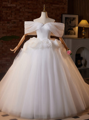 White Tulle Off the Shoulder 3D Flower Wedding Dress