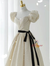Champagne Puff Sleeve Pleats Prom Dress
