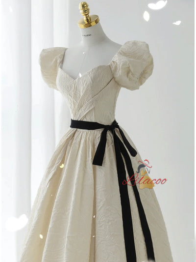 Champagne Puff Sleeve Pleats Prom Dress