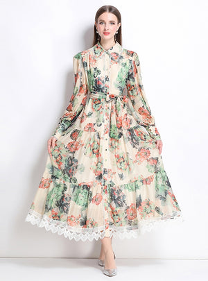 Holiday Style Printed Long Sleeve Long Dress