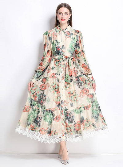 Holiday Style Printed Long Sleeve Long Dress