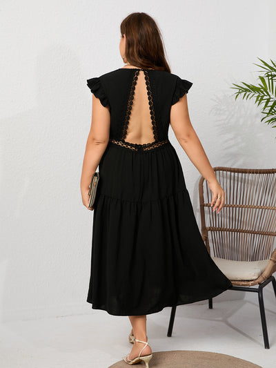 V-neck Flying Sleeve Backless Lace Plus Size Dress