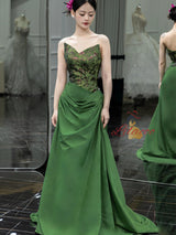 Green Print Strapless Pleats Prom Dress