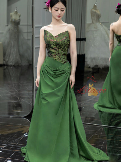 Green Print Strapless Pleats Prom Dress