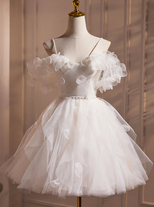 White Spaghetti Strap Tulle 3D Flower Homecoming Dress
