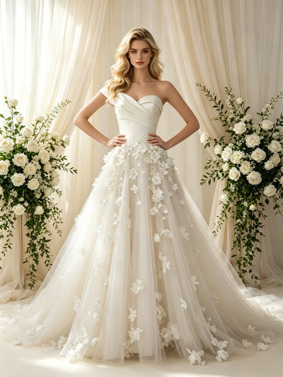 Beige White Tulle Strapless Flower Wedding Dress