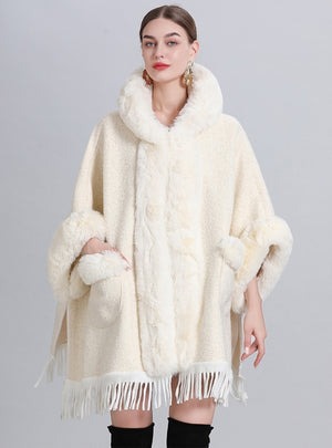 Loose Padded Hooded Pocket Fringed Cloak Shawl