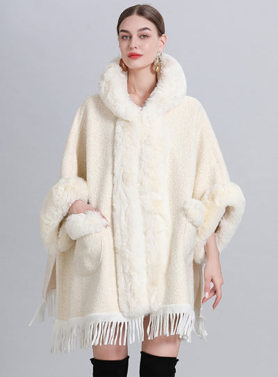 Loose Padded Hooded Pocket Fringed Cloak Shawl