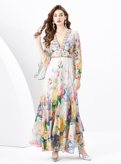 Horn Long Sleeve V-neck Printed Dress