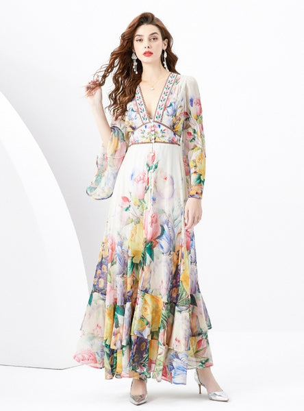 Horn Long Sleeve V-neck Printed Dress