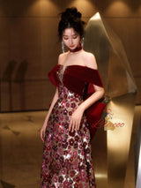 Burgundy Sequins Bow Prom Dress