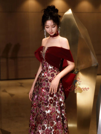 Burgundy Sequins Bow Prom Dress