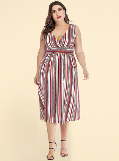 V-neck Striped Waist Slim Dress