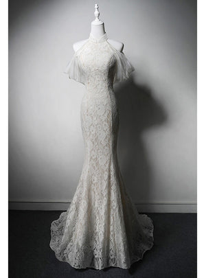 White Mermaid Lace High Neck Wedding Dress