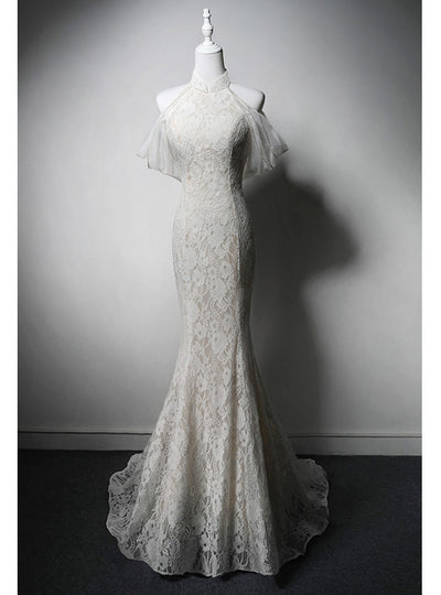 White Mermaid Lace High Neck Wedding Dress