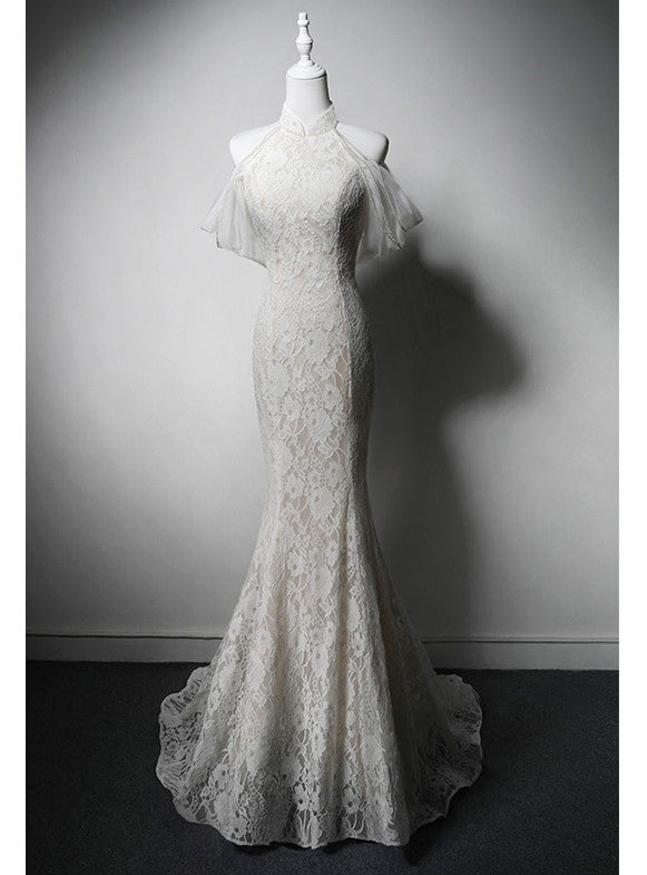 White Mermaid Lace High Neck Wedding Dress