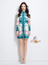 Retro Lapel Button Printed Dress