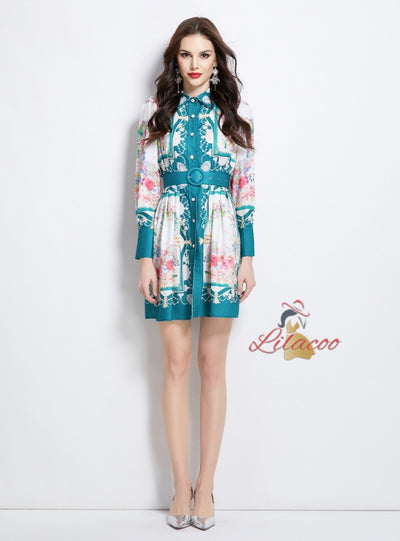 Retro Lapel Button Printed Dress